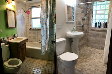 Photos of a bathroom before and after HomeMod modifications