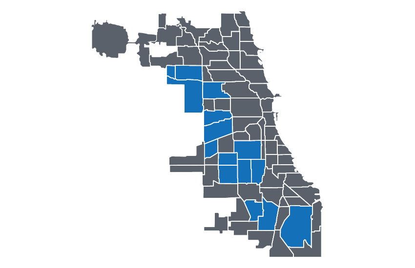 Protect Chicago Plus Map: The neighborhoods initially targeted in Protect Chicago Plus are West Englewood, New City, Gage Park, North Lawndale, South Lawndale, Chicago Lawn, Englewood, Roseland, Archer Heights, Washington Heights, Austin, Montclare, South Deering, Belmont Cragin and Humboldt Park.