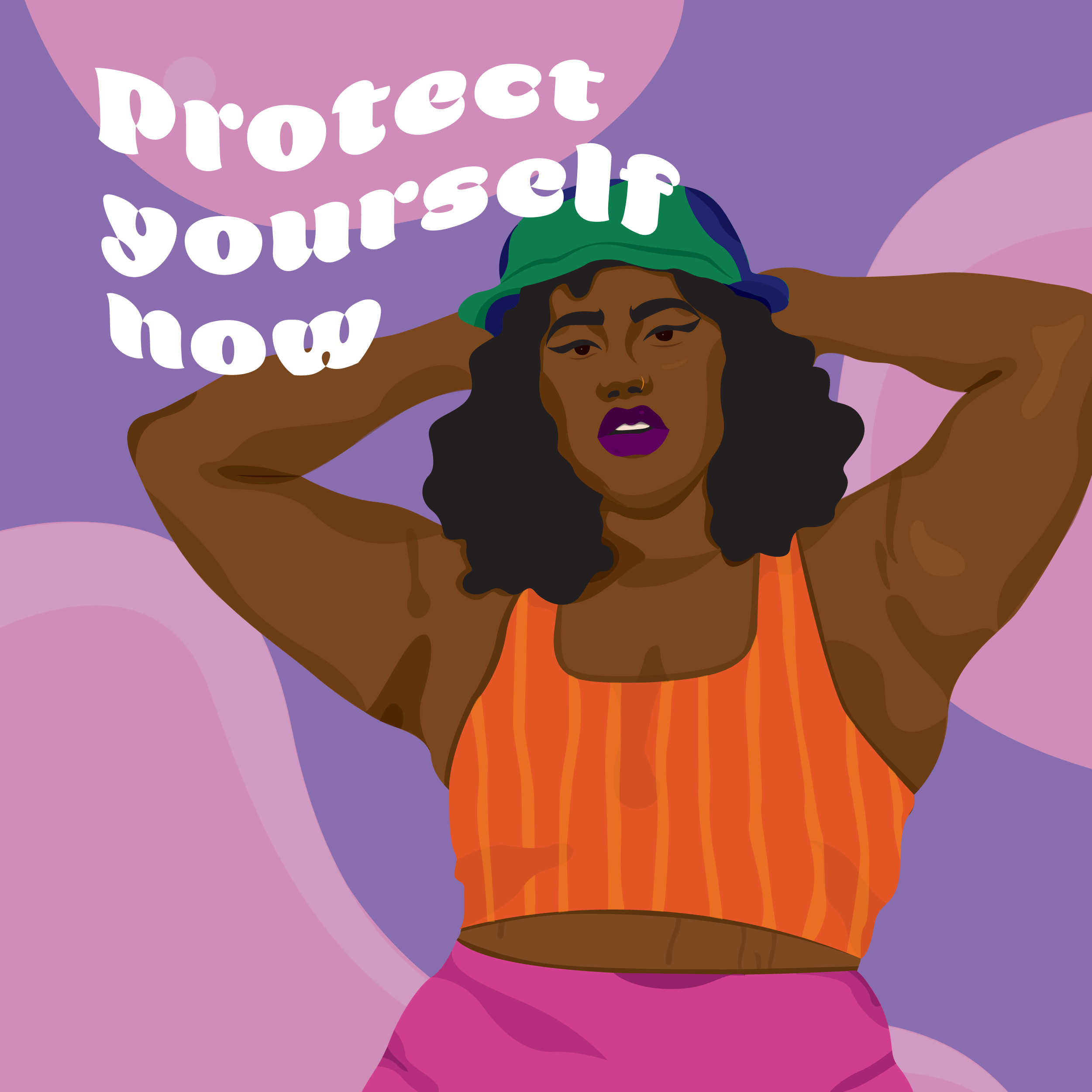 illustration of black woman in green visor with her arms raised