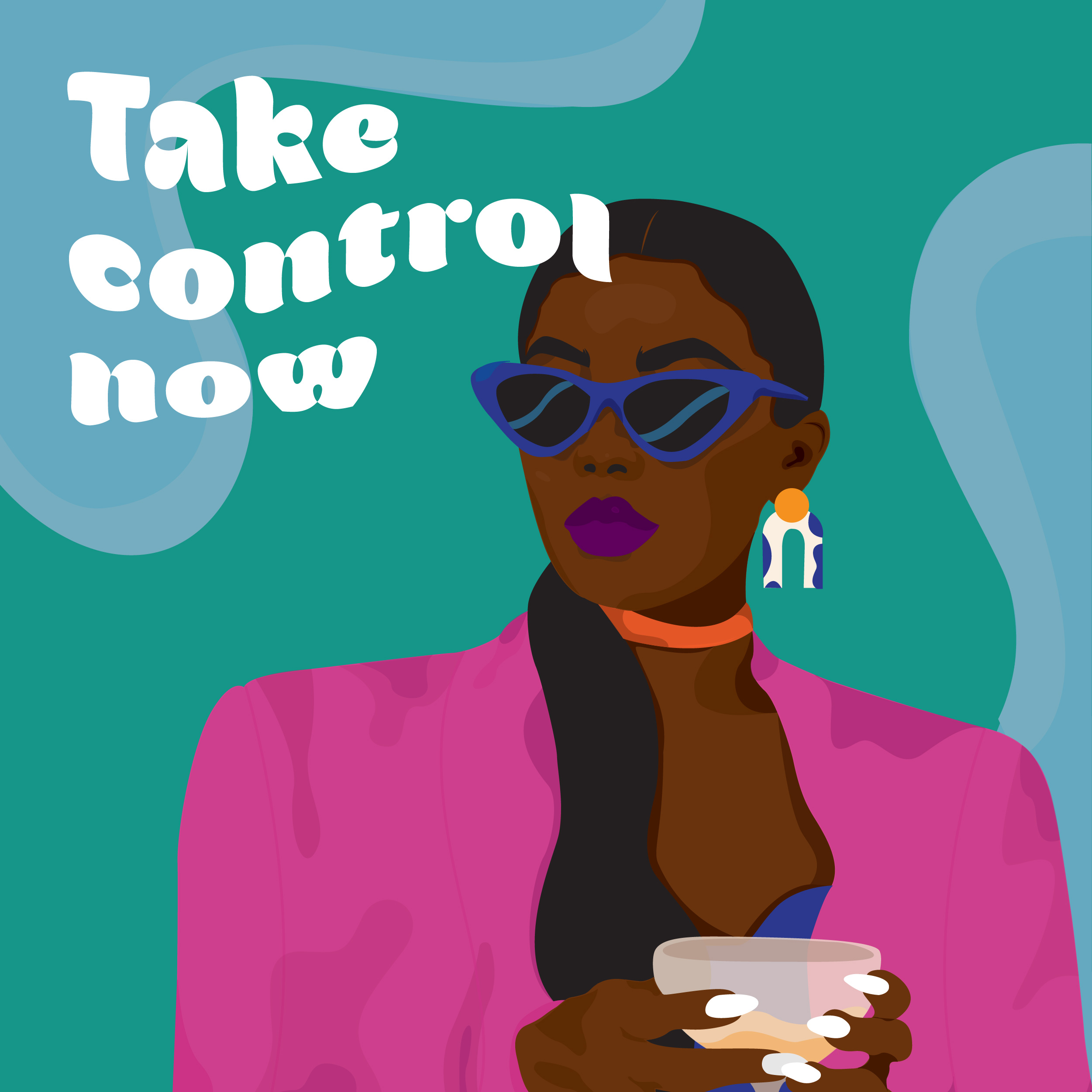 illustration of black woman in pink jacket, wearing sunglassess and holding a drink