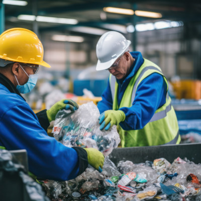 workers at a recycling center sorting plastics