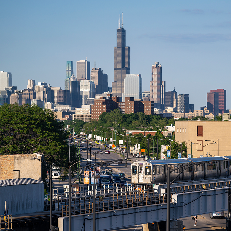 Chicago skyline with El Train