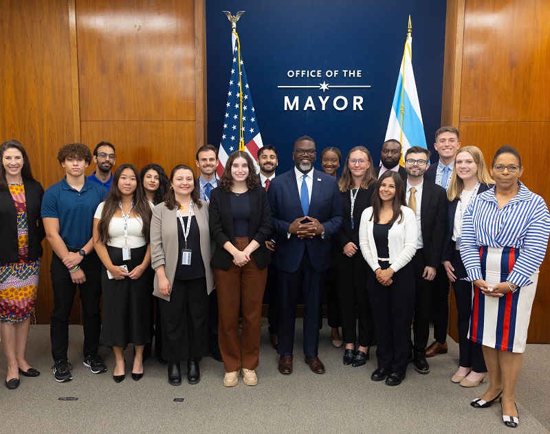 Mayor Brandon Johnson speaks to the 2024 Summer Law Clerk Cohort in the Mayor's Press Briefing Room at City Hall; July 2024.