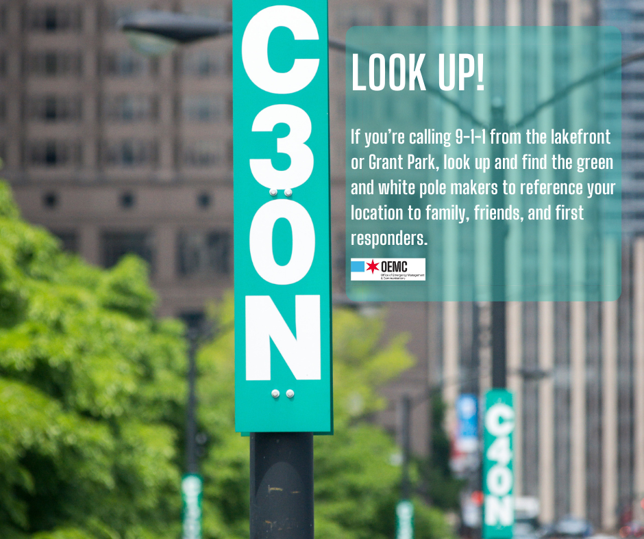 Pole with a sign tmarked "C309".  Caption reads "Look up!  If you're calling 9-1-1 from the lakefront or Grant Park, look up and find the green and white pole makers to reference your location to family, friends, and first responders.