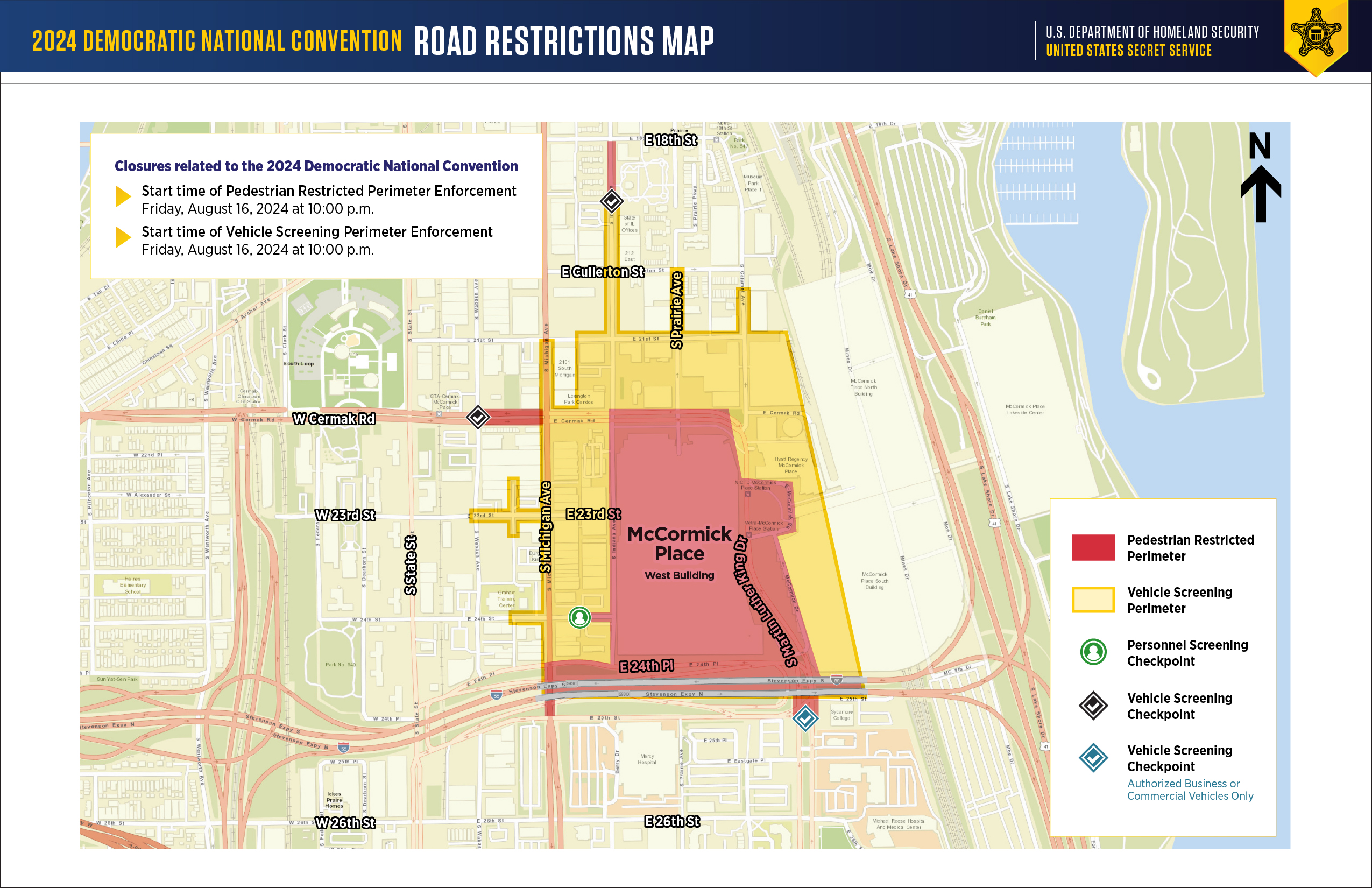 This is a map of the neighborhood around McCormick Place in Chicago showing which streets will be closed during the Democratic National Convention in 2024. A full-text description of the closures is on this page.