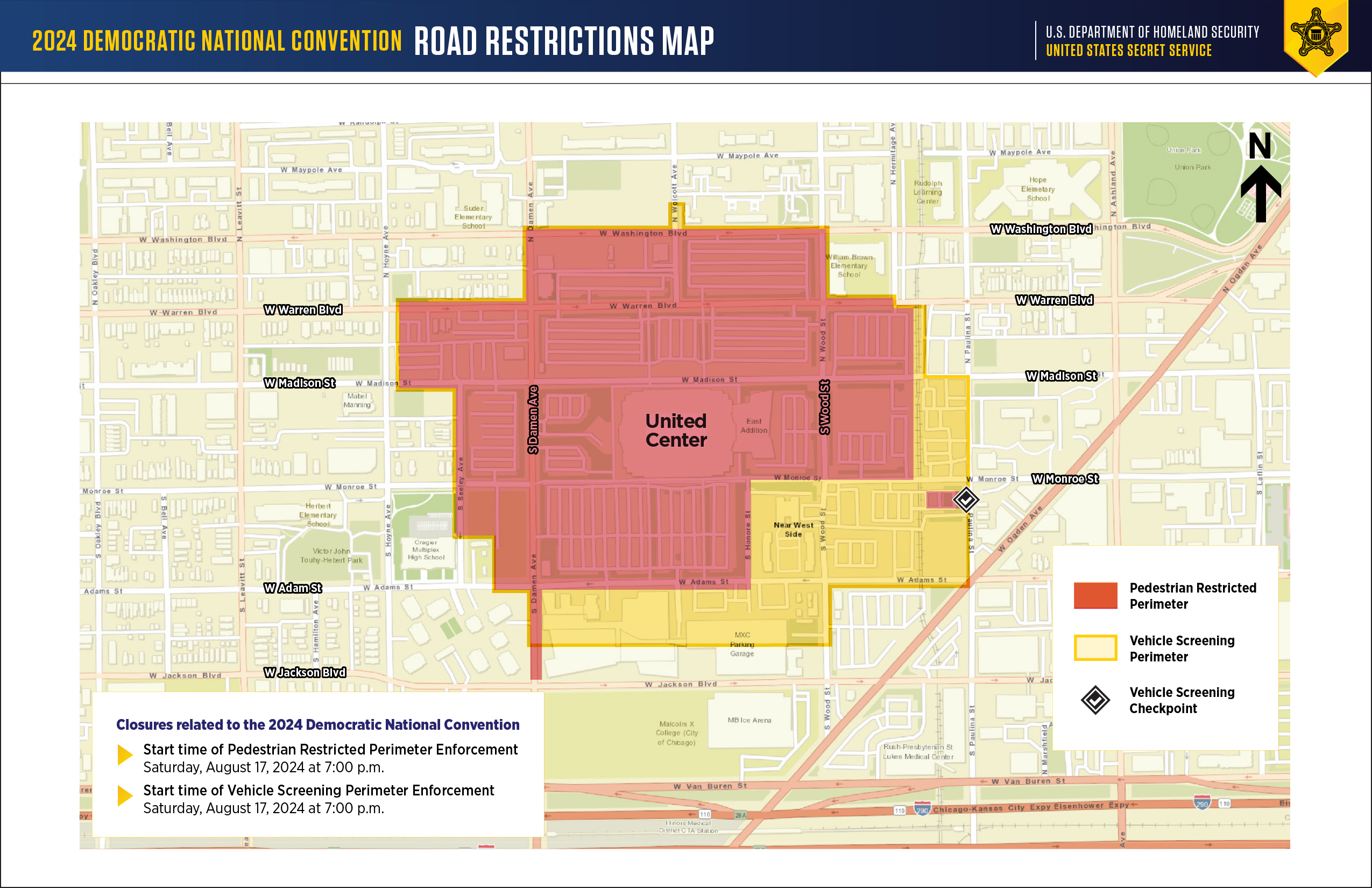 This is a map of the neighborhood around the United Center in Chicago showing which streets will be closed during the Democratic National Convention in 2024. A full-text description of the closures is on this page.