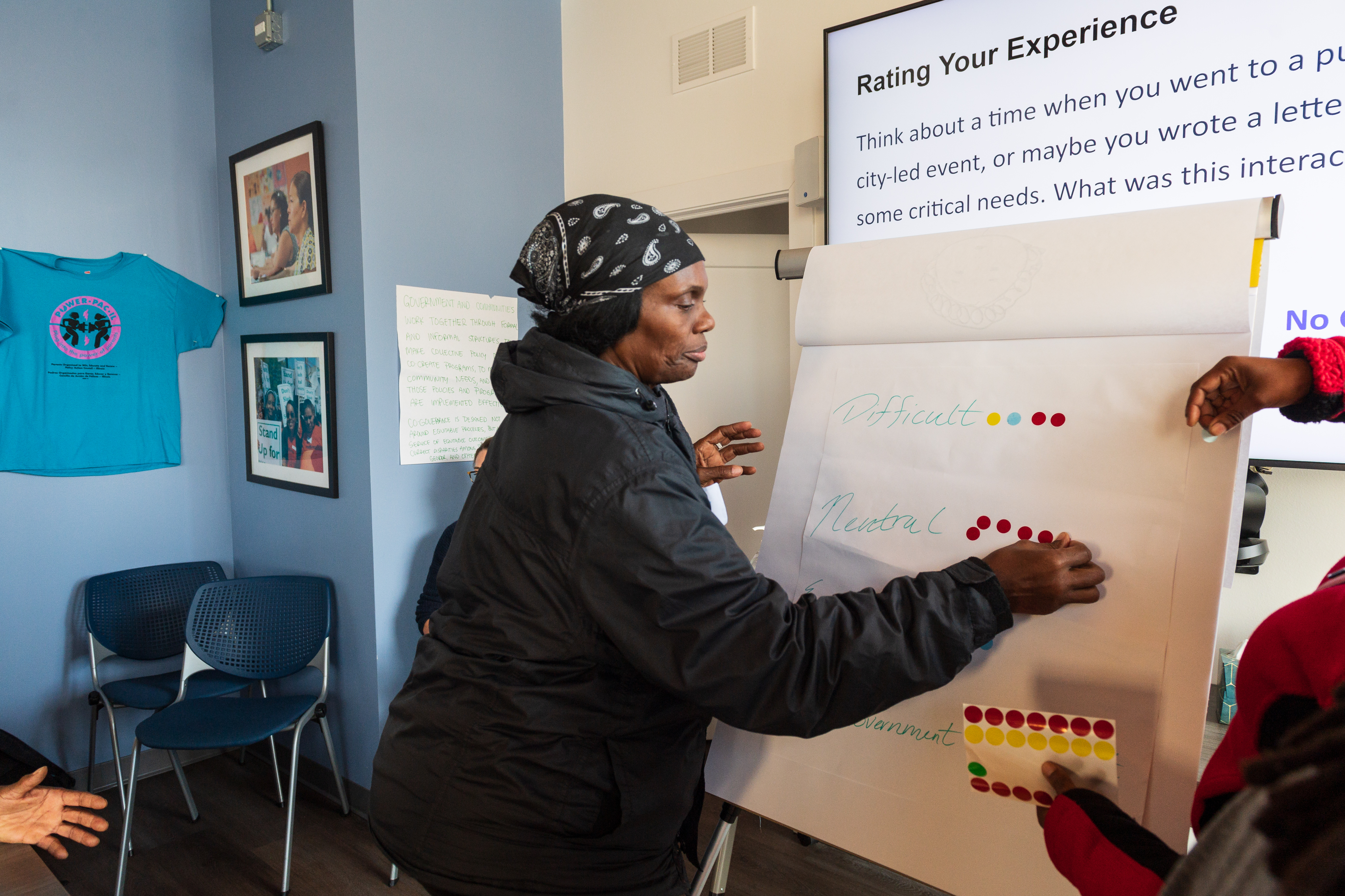 Co-governance Community Conversation participant engaging with a board that asks to rank their experience with government