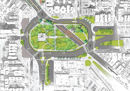 image of the Logan Square design showing new off-street path and street reconfigurations
