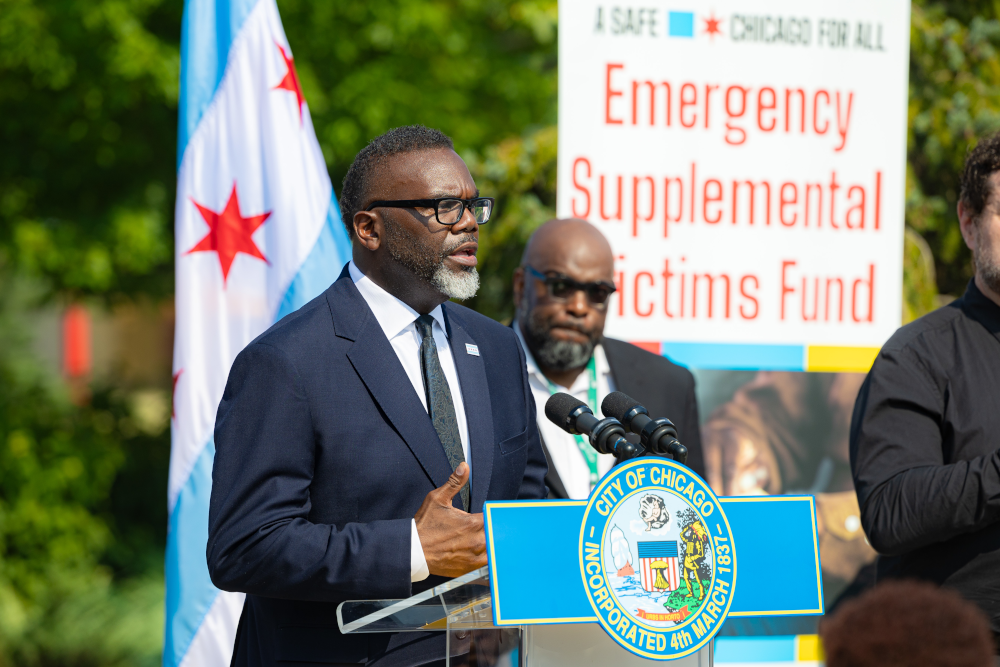 Mayor Brandon Johnson delivers remarks at the Emergency Supplemental Victims Fund Expansion Press Conference at UCAN in North Lawndale; June 2024.